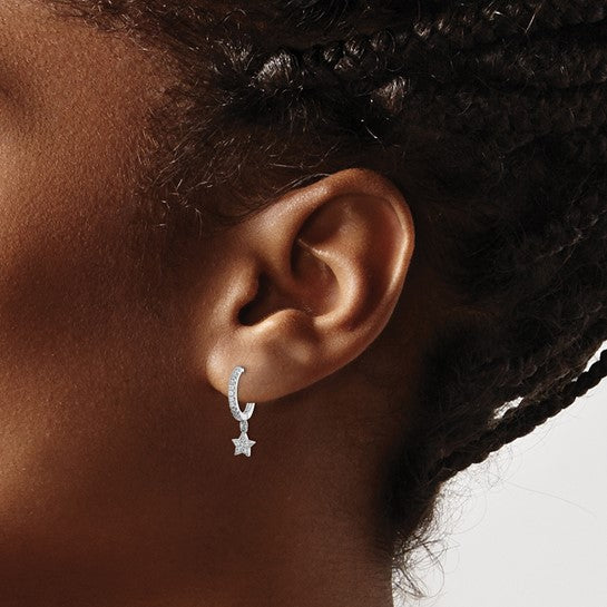Sterling Silver CZ Dangling Star Huggie Earrings