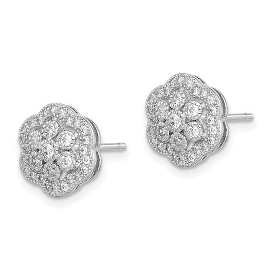 Sterling Silver Round CZ Flower Post Earrings