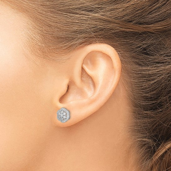 Sterling Silver Round CZ Flower Post Earrings