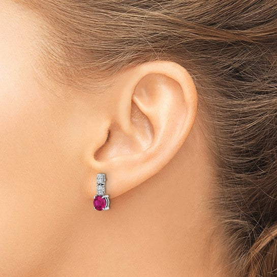 Sterling Silver Polished Lab-Created Ruby & CZ Post Dangle Earrings