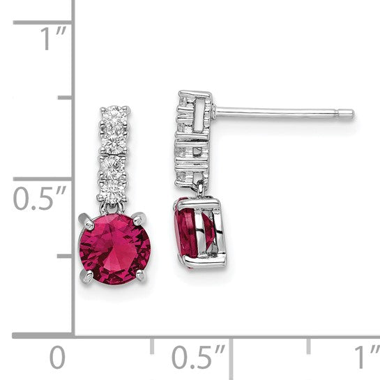 Sterling Silver Polished Lab-Created Ruby & CZ Post Dangle Earrings