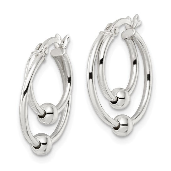 Sterling Silver Double Circle Beaded Hoop Earrings - 17mm