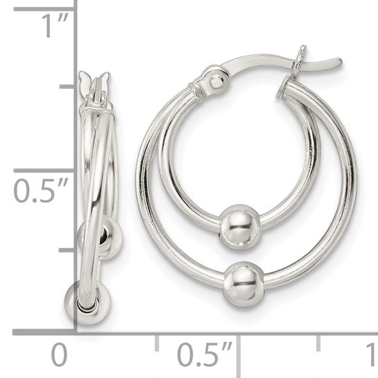 Sterling Silver Double Circle Beaded Hoop Earrings - 17mm