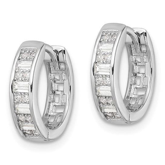 Sterling Silver Rhodium-Plated CZ Hinged Hoop Earrings