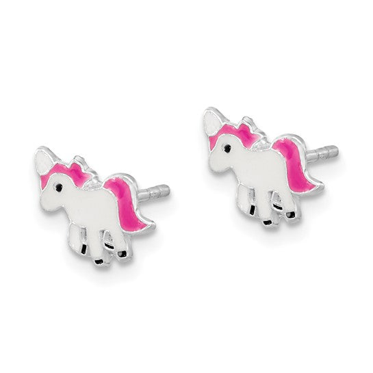 Sterling Silver Rhodium-Plated Pink & White Enameled Unicorn Post Earrings