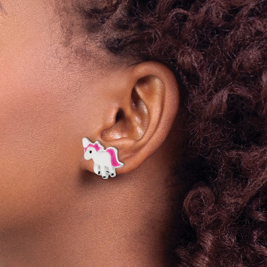 Sterling Silver Rhodium-Plated Pink & White Enameled Unicorn Post Earrings