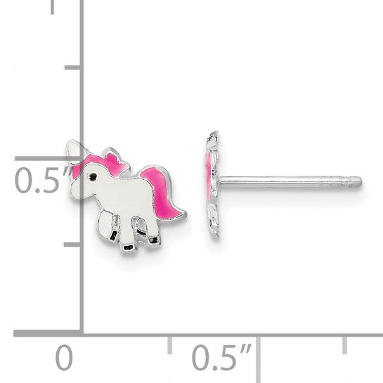 Sterling Silver Rhodium-Plated Pink & White Enameled Unicorn Post Earrings