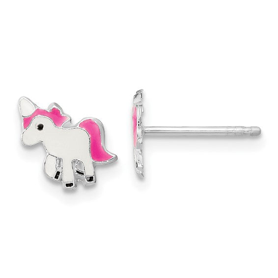 Sterling Silver Rhodium-Plated Pink & White Enameled Unicorn Post Earrings