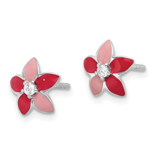 Sterling Silver Rhodium-Plated Pink Enamel CZ Flower Post Earrings