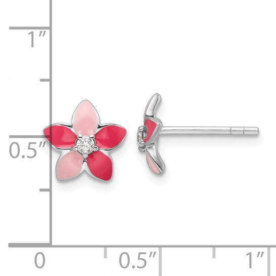 Sterling Silver Rhodium-Plated Pink Enamel CZ Flower Post Earrings