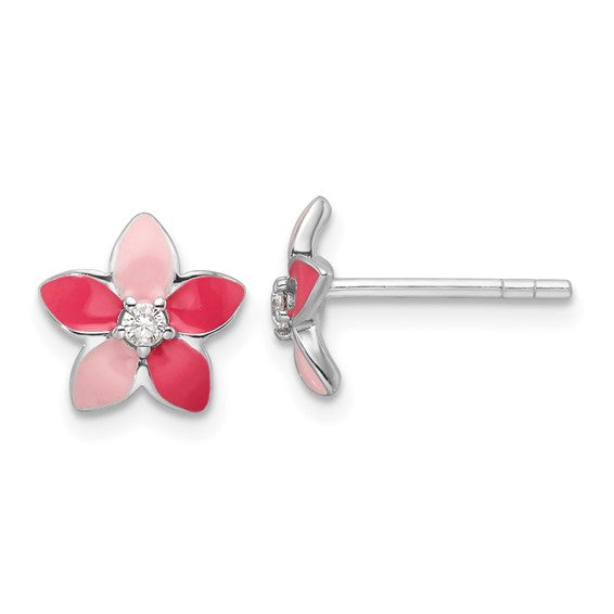Sterling Silver Rhodium-Plated Pink Enamel CZ Flower Post Earrings