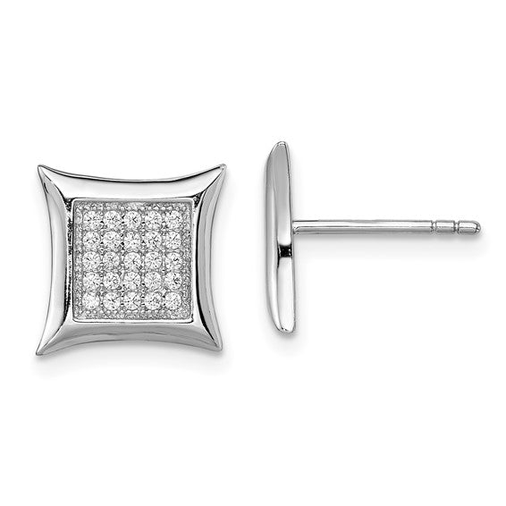 Sterling Silver Polished Pave CZ Square Post Earrings