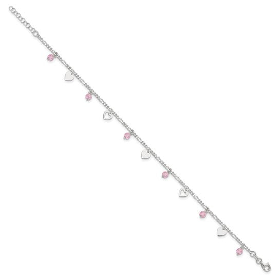 Sterling Silver Polished Hearts w/ Pink Glass Beads Anklet