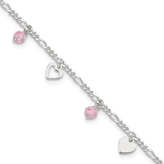 Sterling Silver Polished Hearts w/ Pink Glass Beads Anklet