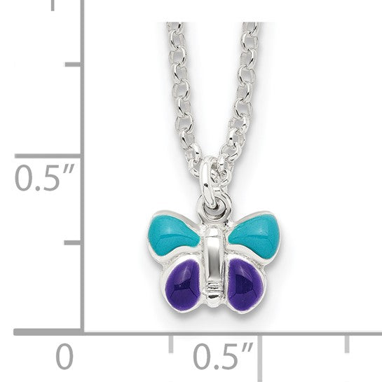 Sterling Silver Blue and Purple Enameled Butterfly Necklace