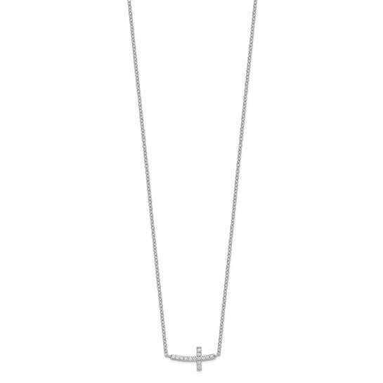 Sterling Silver Rhodium-Plated CZ Sideways Cross Bar Necklace