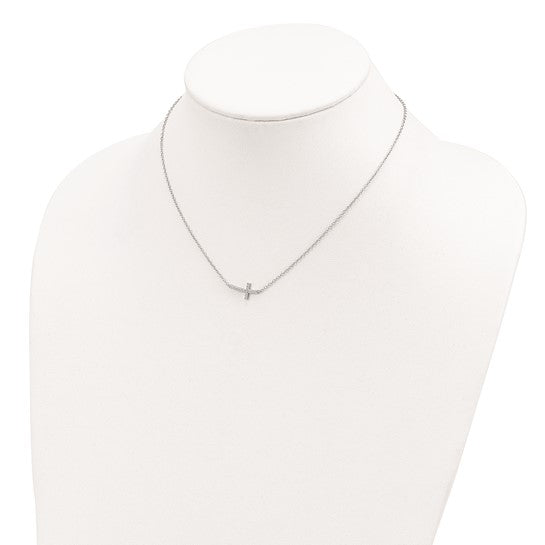 Sterling Silver Rhodium-Plated CZ Sideways Cross Bar Necklace