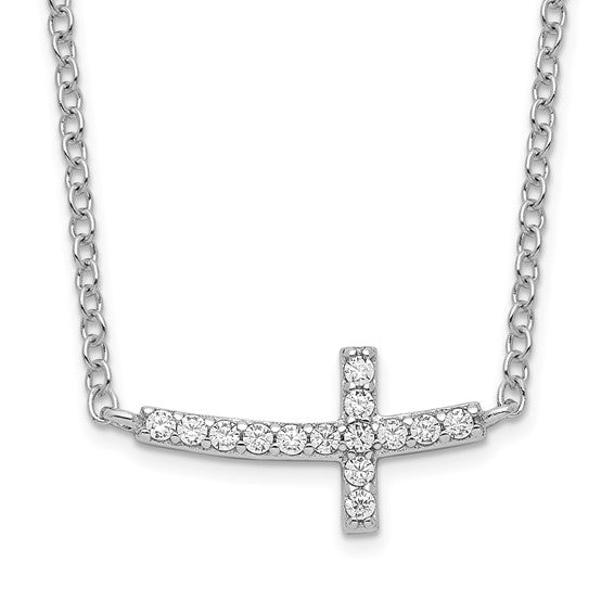 Sterling Silver Rhodium-Plated CZ Sideways Cross Bar Necklace