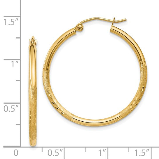 14k Yellow Gold Satin and Diamond-Cut 30 mm Hoop Earrings