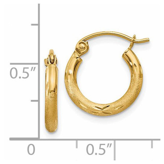 14k Diamond-Cut 2 mm Round Hoop Earrings 13 mm
