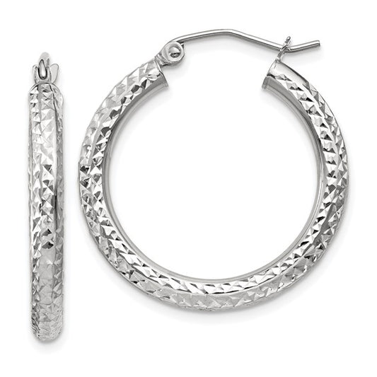 14k White Diamond-Cut Hoop Earrings - 25mm