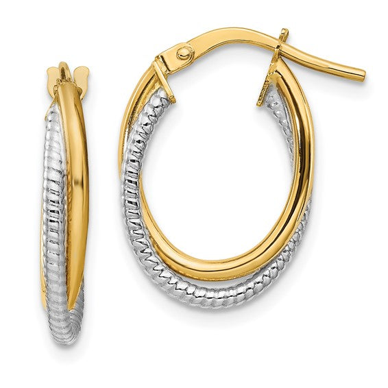 14k Two-Tone Gold Polished Textured Double Oval Hoop Earrings -