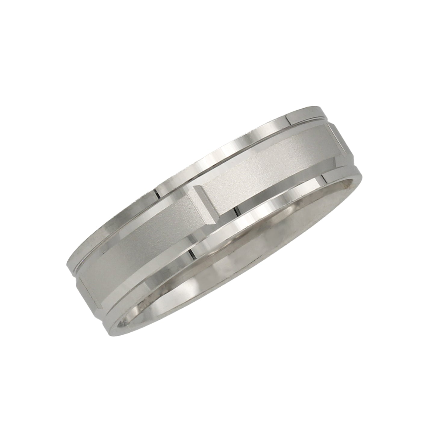 14k White Gold Polished & Satin Grooved Bevel Edge Wedding Bands
