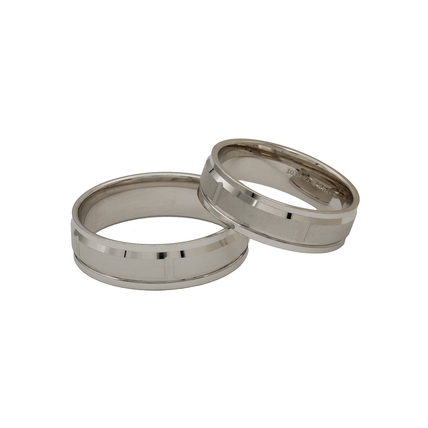 14k White Gold Polished & Satin Grooved Bevel Edge Wedding Bands