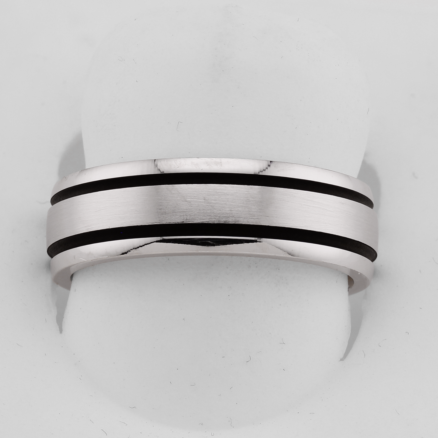 14k White Gold 6mm Wedding Bands with Black Stripes and Polished-Brushed Finish
