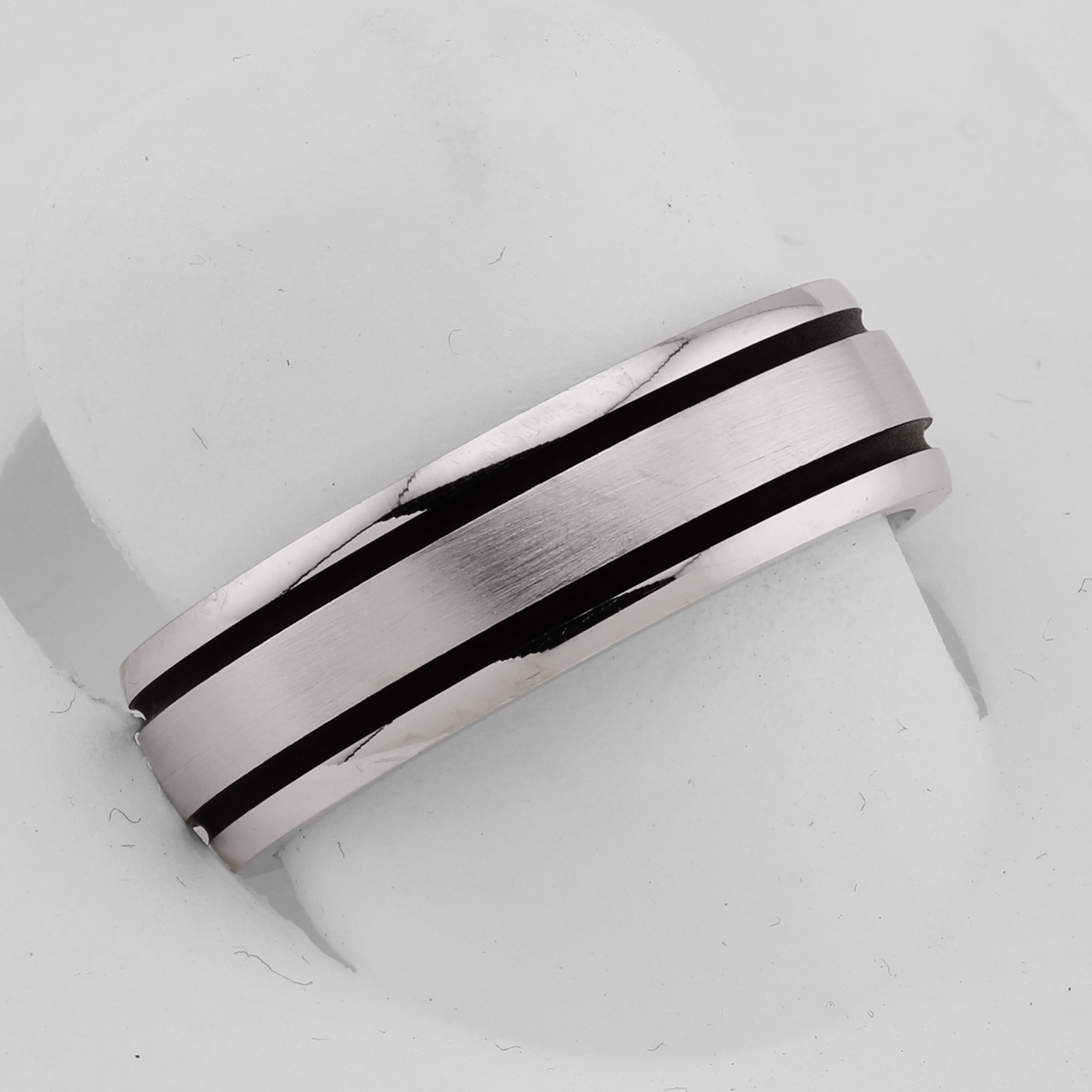 14k White Gold 6mm Wedding Bands with Black Stripes and Polished-Brushed Finish