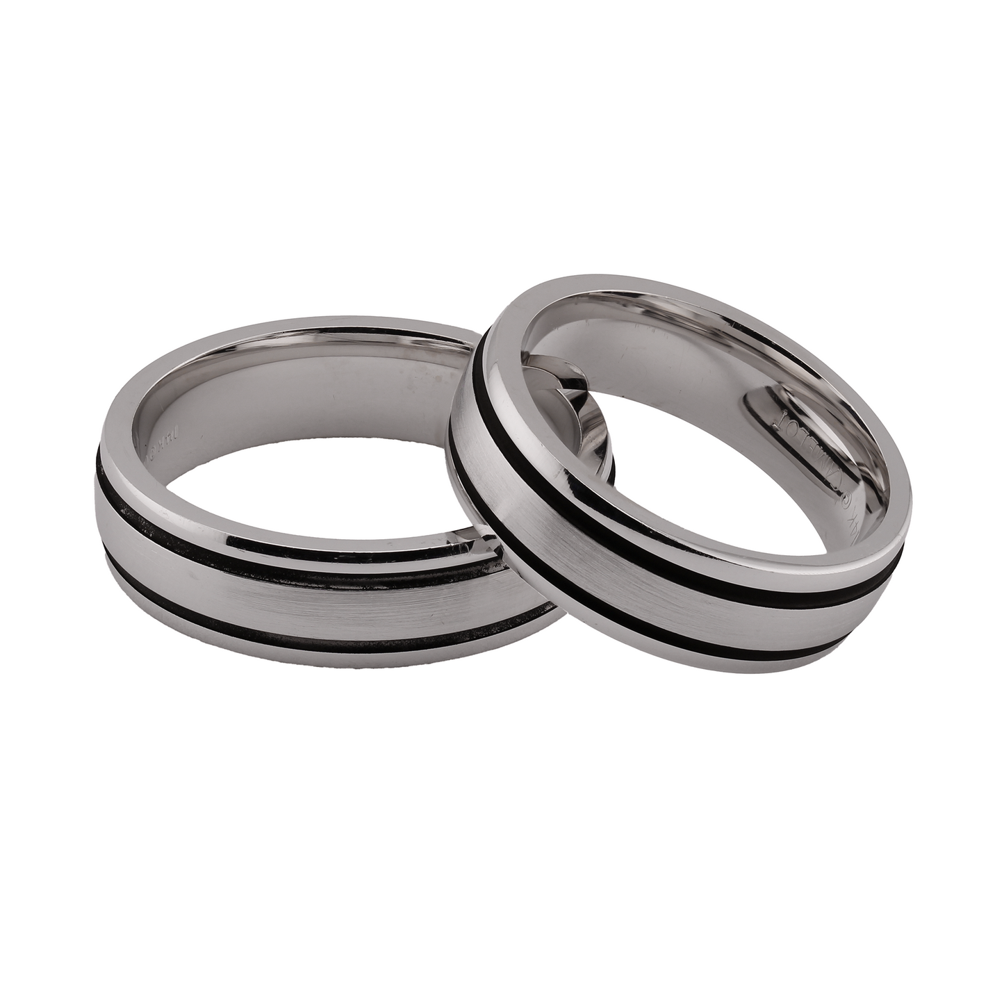 14k White Gold 6mm Wedding Bands with Black Stripes and Polished-Brushed Finish