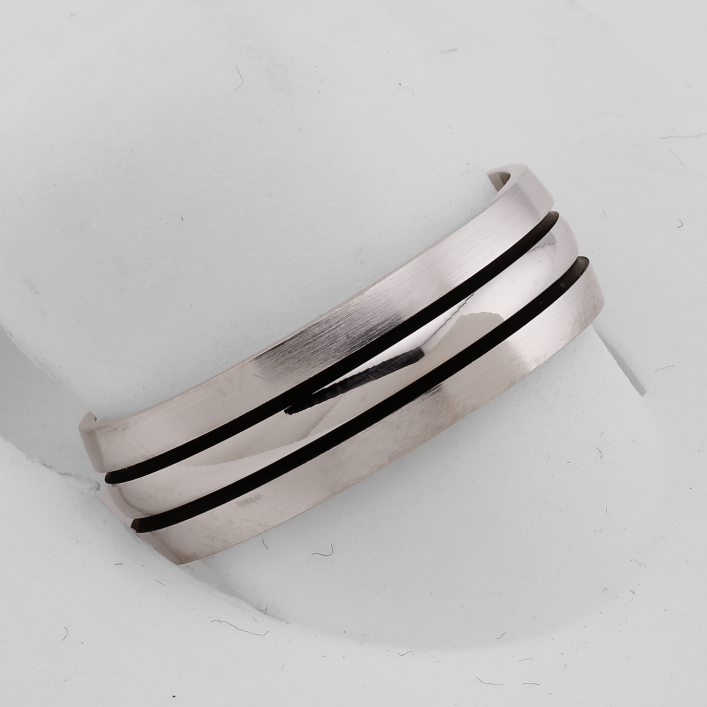14k White Gold 6mm Wedding Bands with Black Stripes and Polished-Brushed Finish