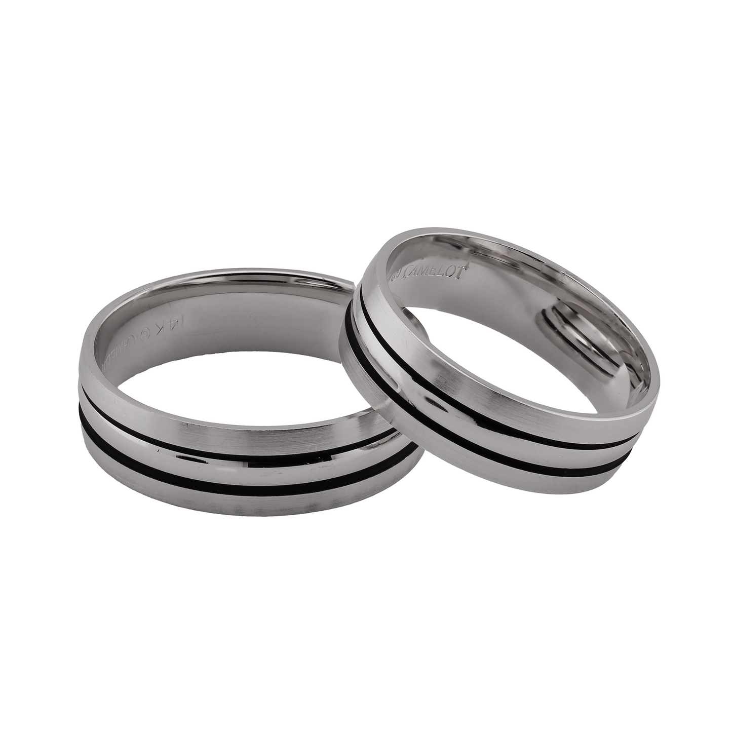 14k White Gold 6mm Wedding Bands with Black Stripes and Polished-Brushed Finish