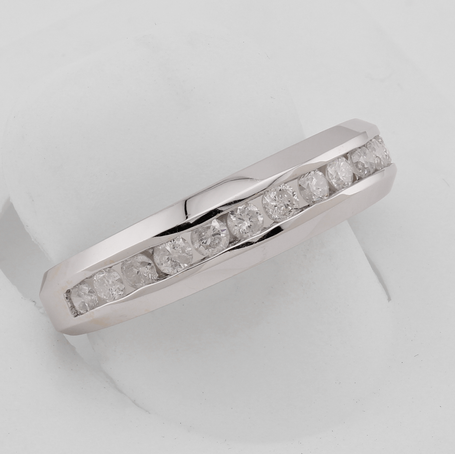 14k White Gold Polished Beveled Edge 13 Stone Channel-Set Diamond Wedding Band
