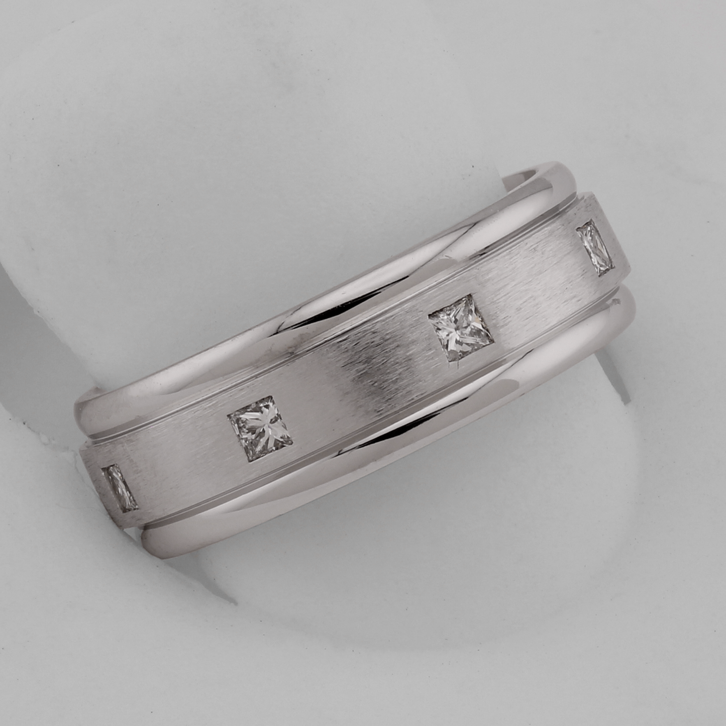 14k White Gold Polished & Brushed Beveled Diamond Eternity Wedding Band