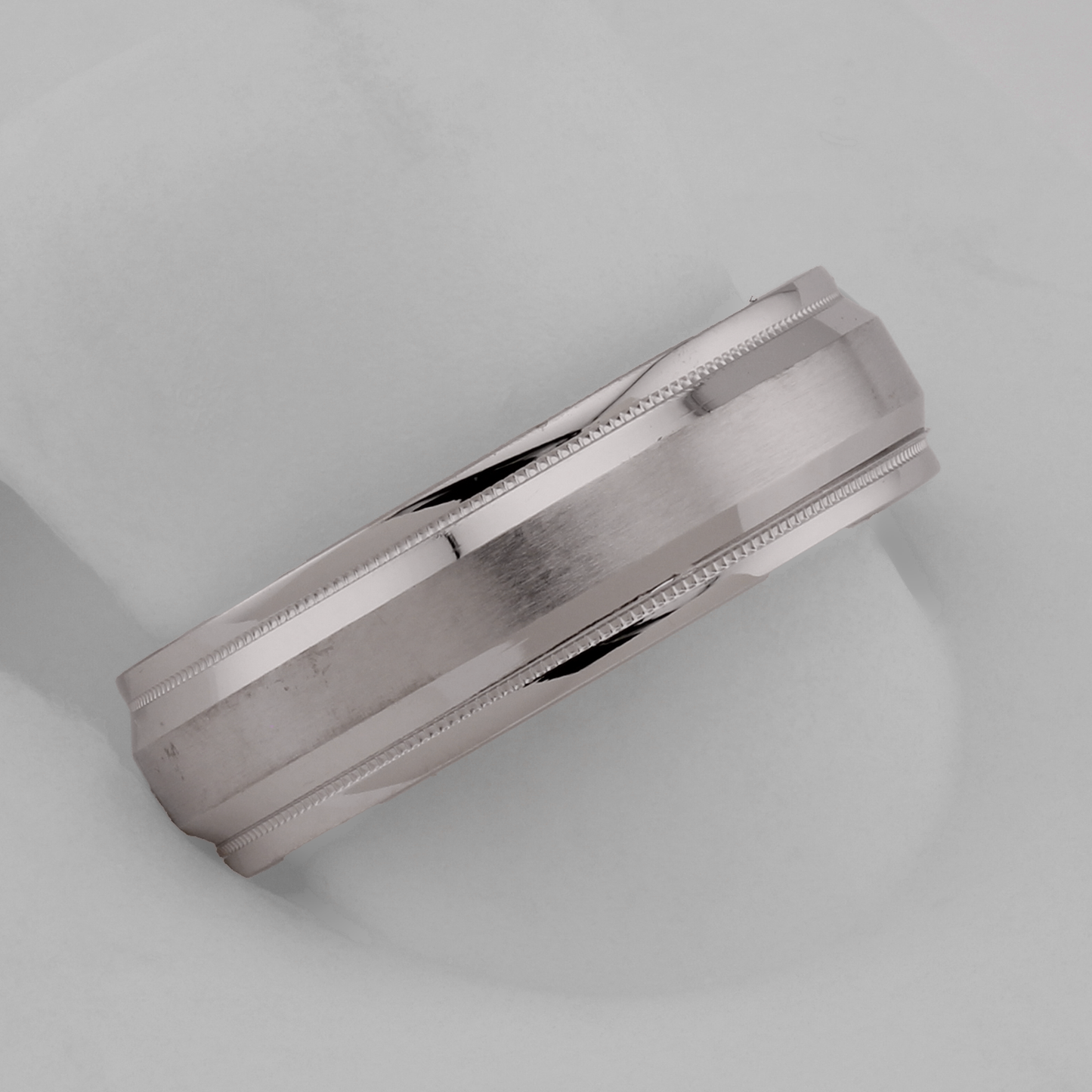 14k White Gold Polished & Brushed Beveled Milgrain Wedding Band
