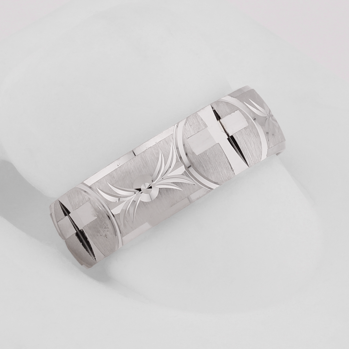 14k White Gold Polished & Brushed Diamond-Cut Etched Cross Wedding Band