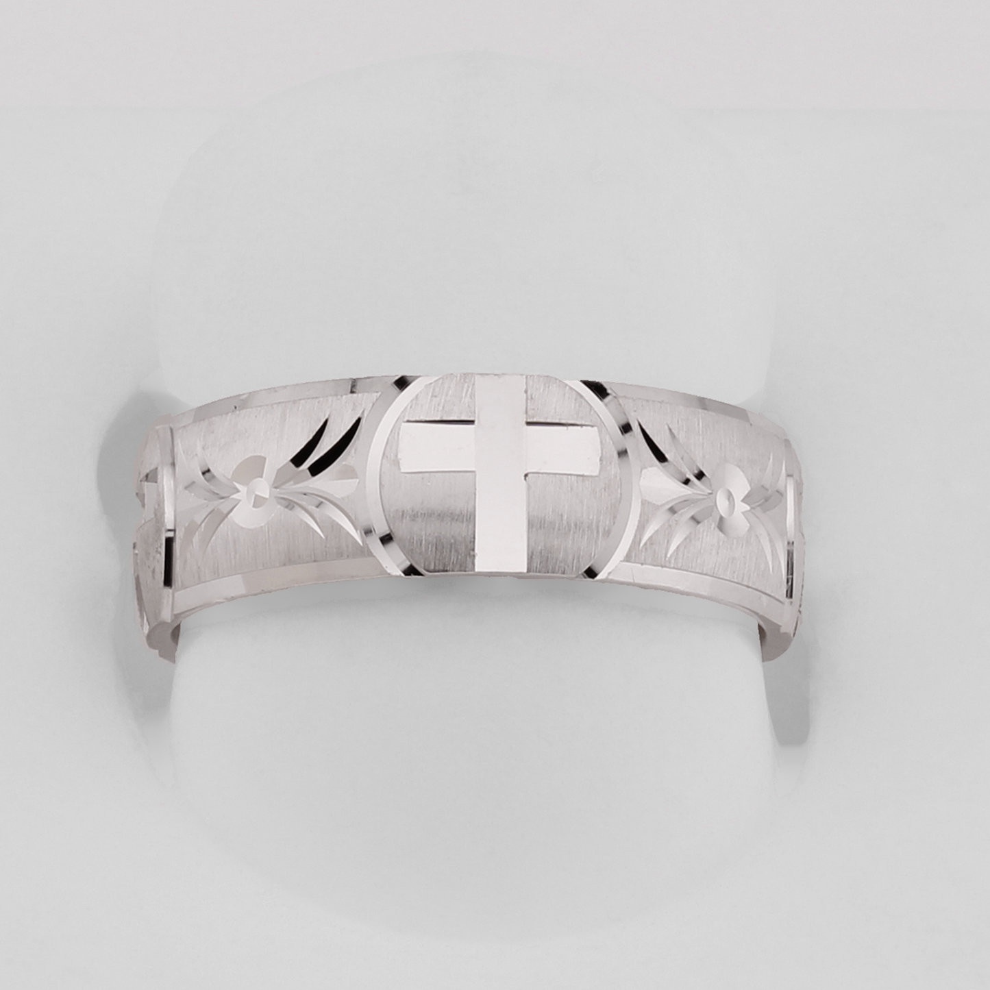 14k White Gold Polished & Brushed Diamond-Cut Etched Cross Wedding Band