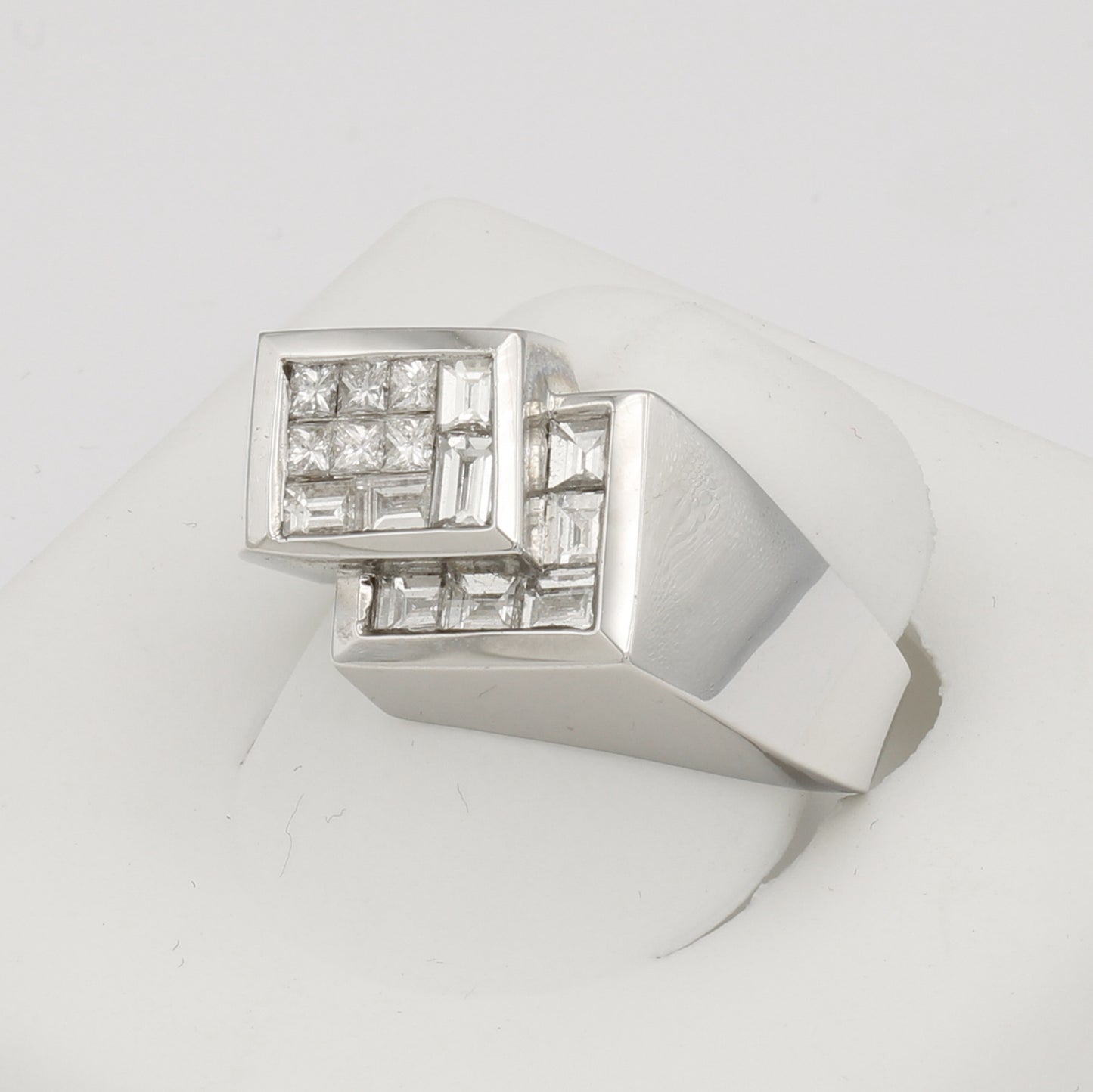 18k White Gold Men's Princess-Cut w/ Baguette Invisible Set Double Rectangle Diamond Ring