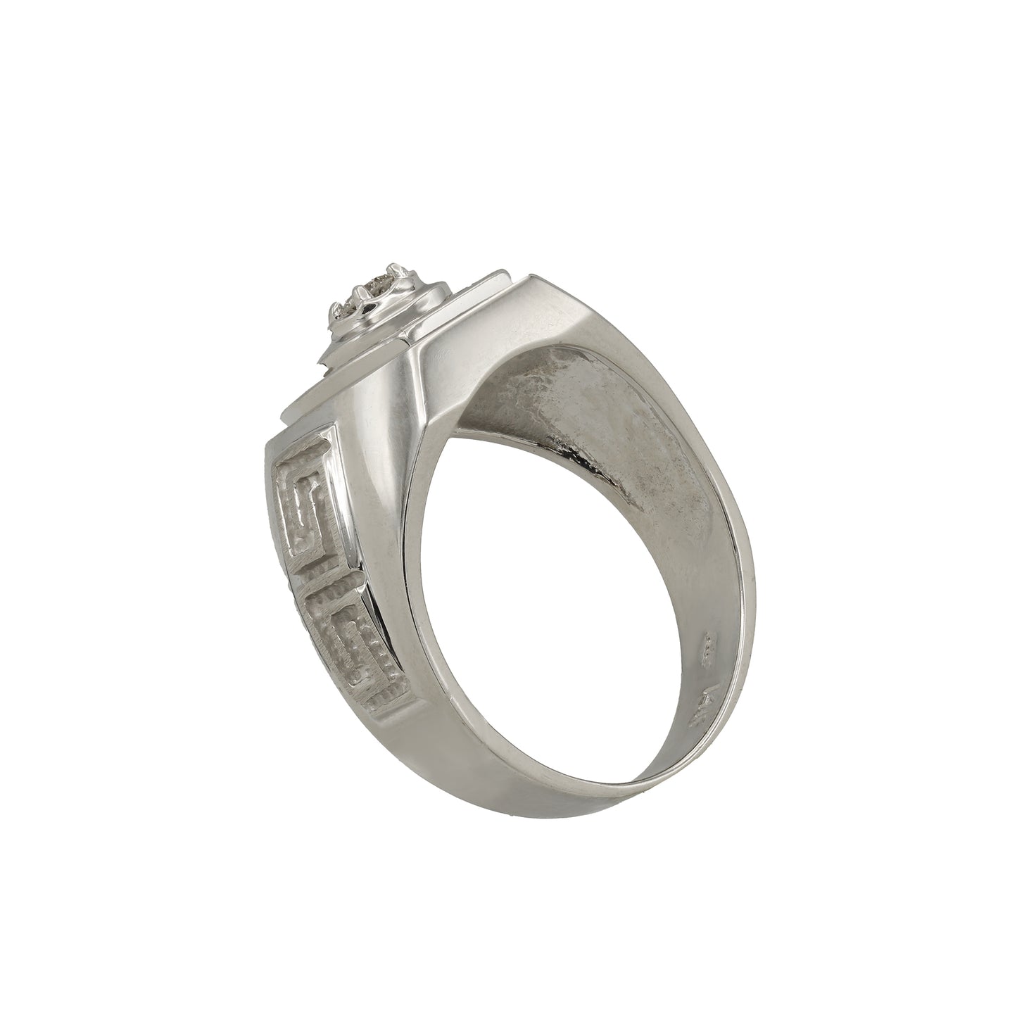 14k White Gold Men's Greek Key Design w/ Channel-Set Round & Baguette-Cut Diamond Ring