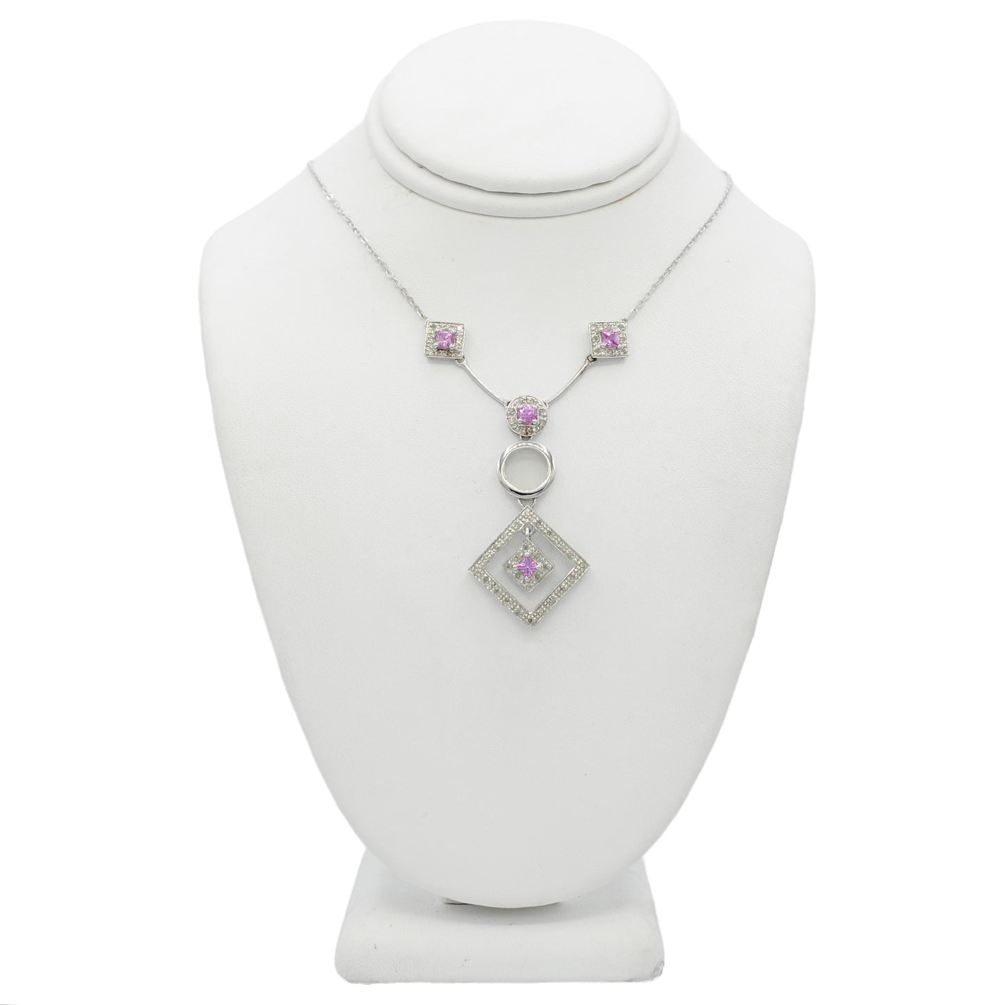 14k White Gold Diamond & Pink Quartz Necklace