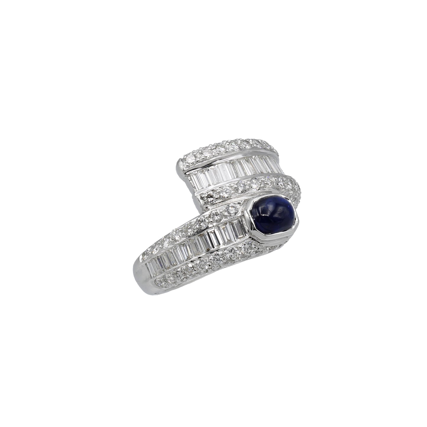 18k White Gold Fancy Baguette Diamond & Cabochon Sapphire Ring