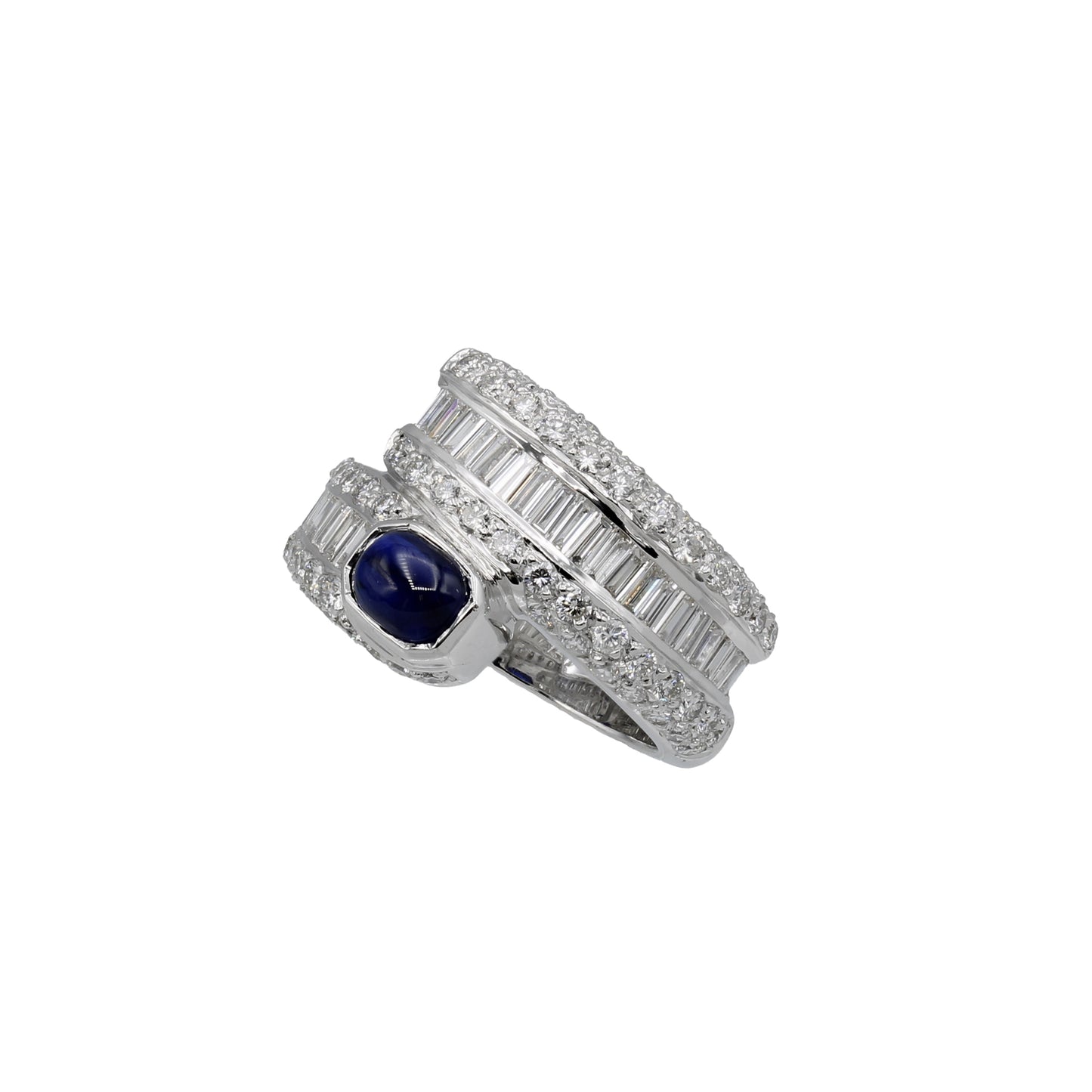 18k White Gold Fancy Baguette Diamond & Cabochon Sapphire Ring
