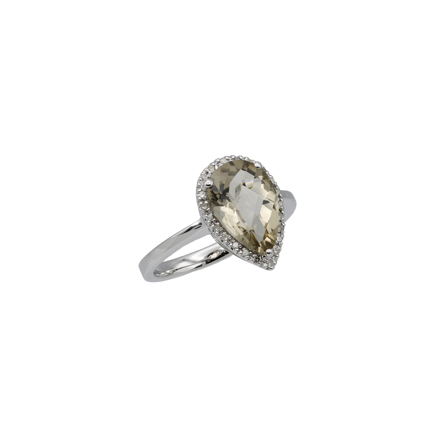 14k White Gold Pear Briolette-Cut Smoky Topaz Quartz & Diamond Halo Ring