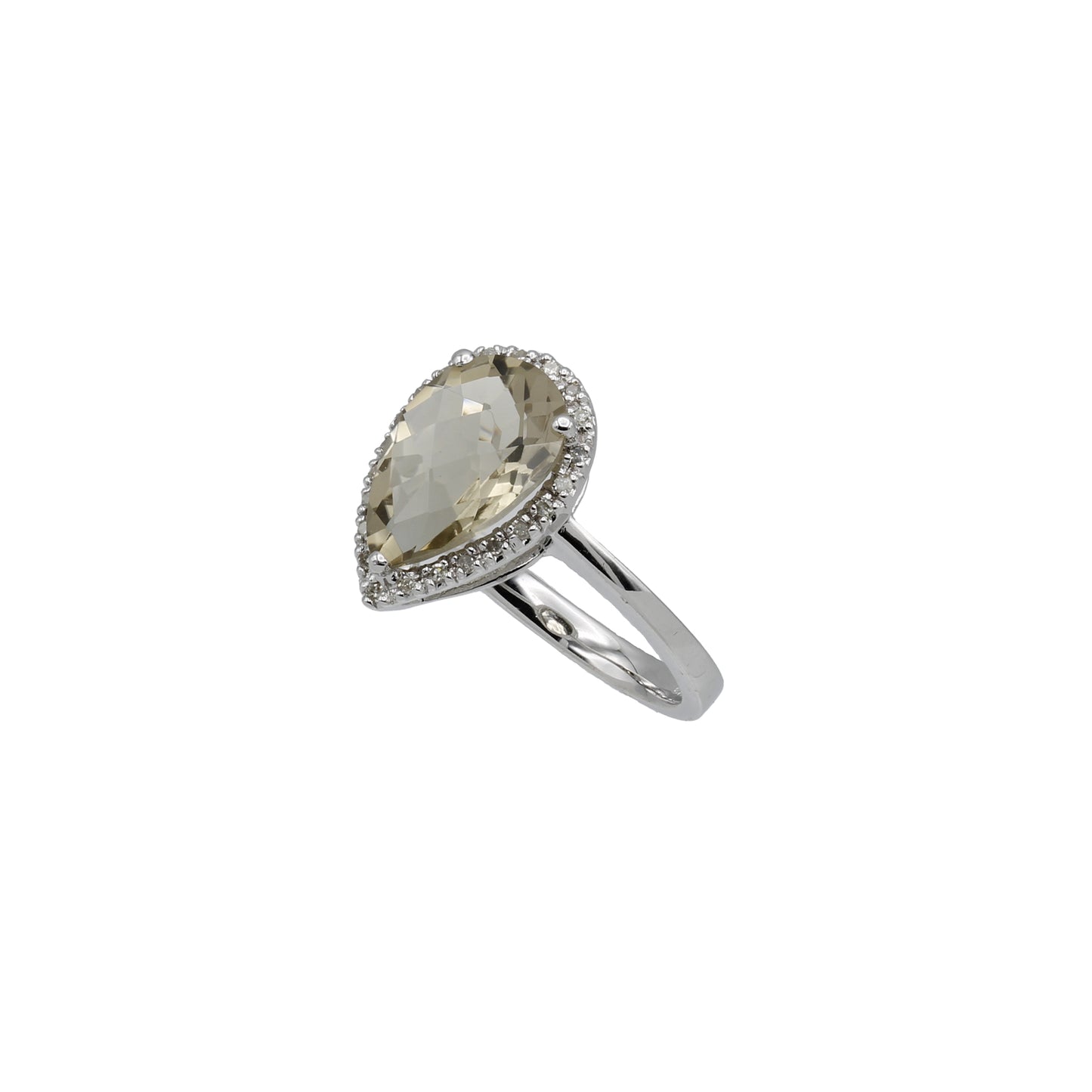 14k White Gold Pear Briolette-Cut Smoky Topaz Quartz & Diamond Halo Ring