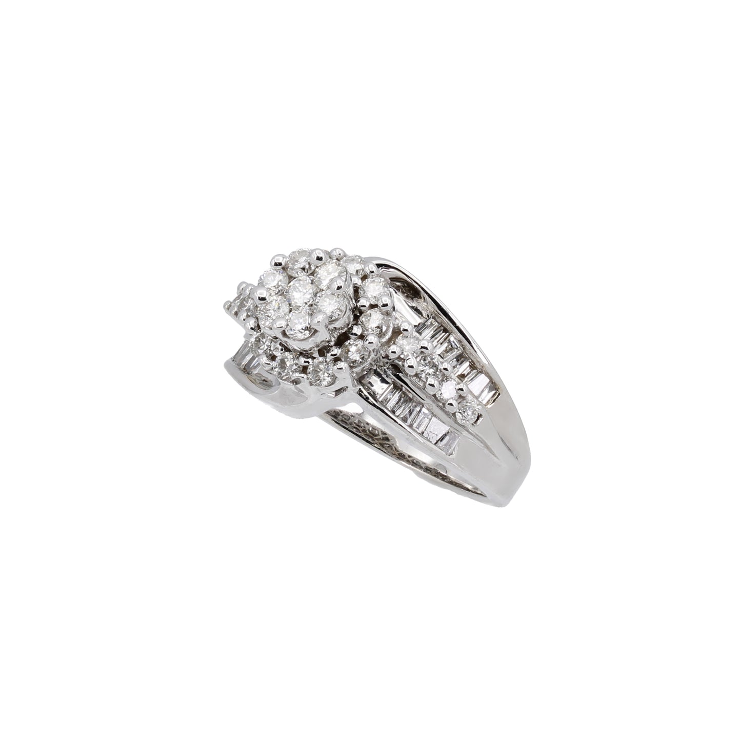 14k White Gold Round & Baguette Diamond Cluster Engagement Ring