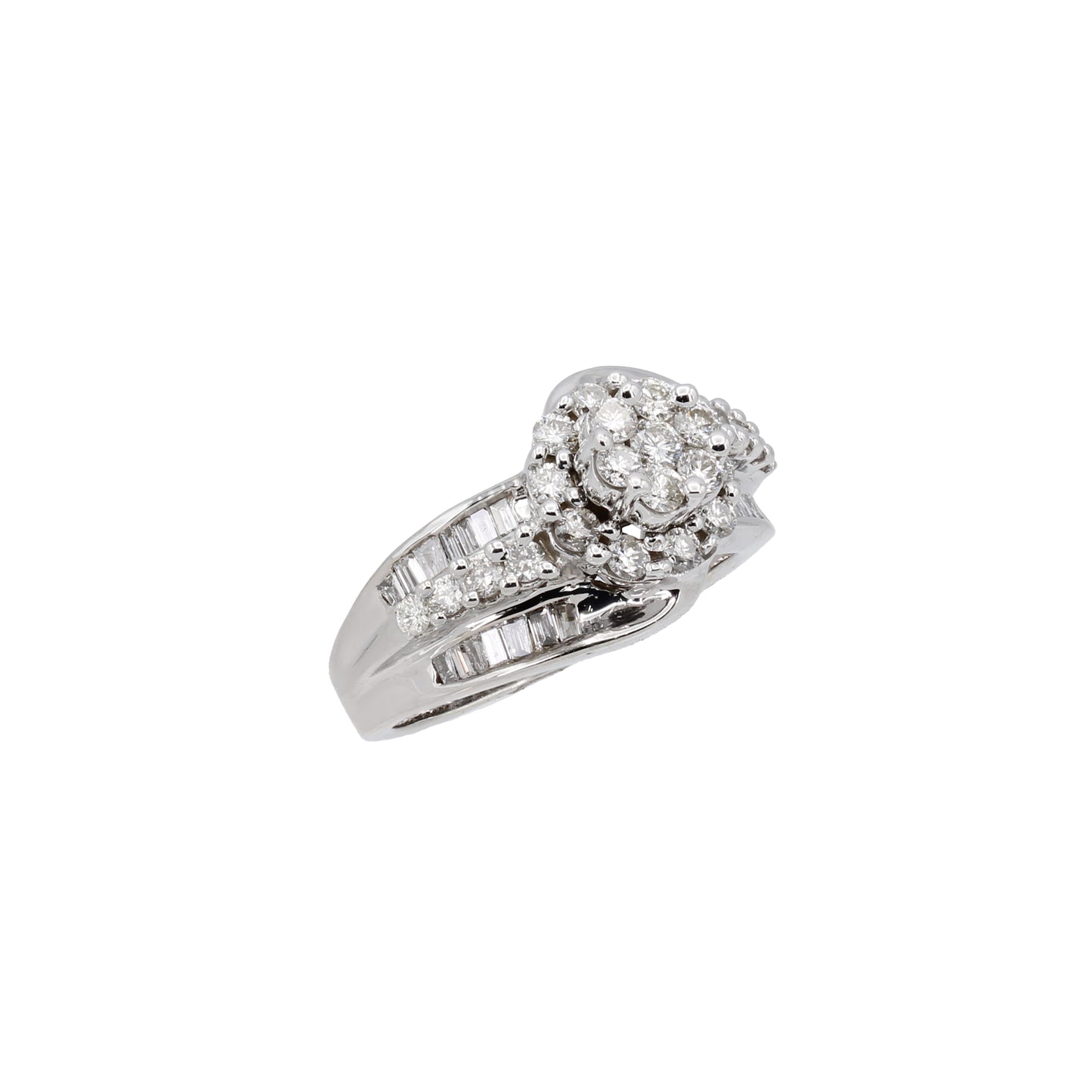 14k White Gold Round & Baguette Diamond Cluster Engagement Ring