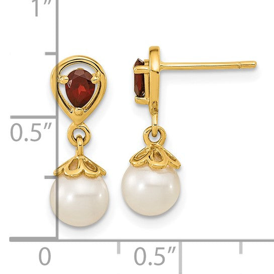 14k Yellow Gold Freshwater Cultured Pearl & Garnet Dangle Post Earrings