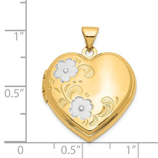 14k Yellow Gold Floral Design Heart Locket