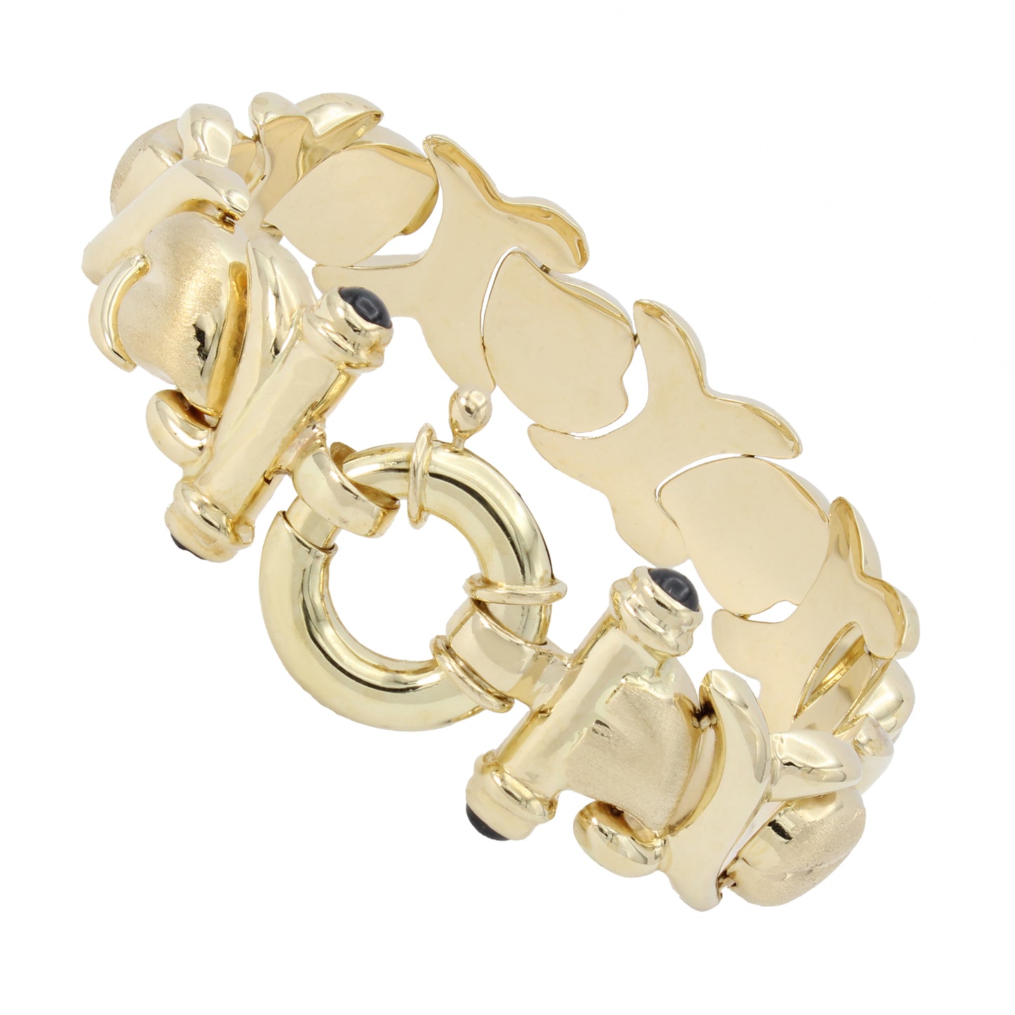 14k Yellow Gold Cabochon Onyx X & Heart Link Style Bracelet